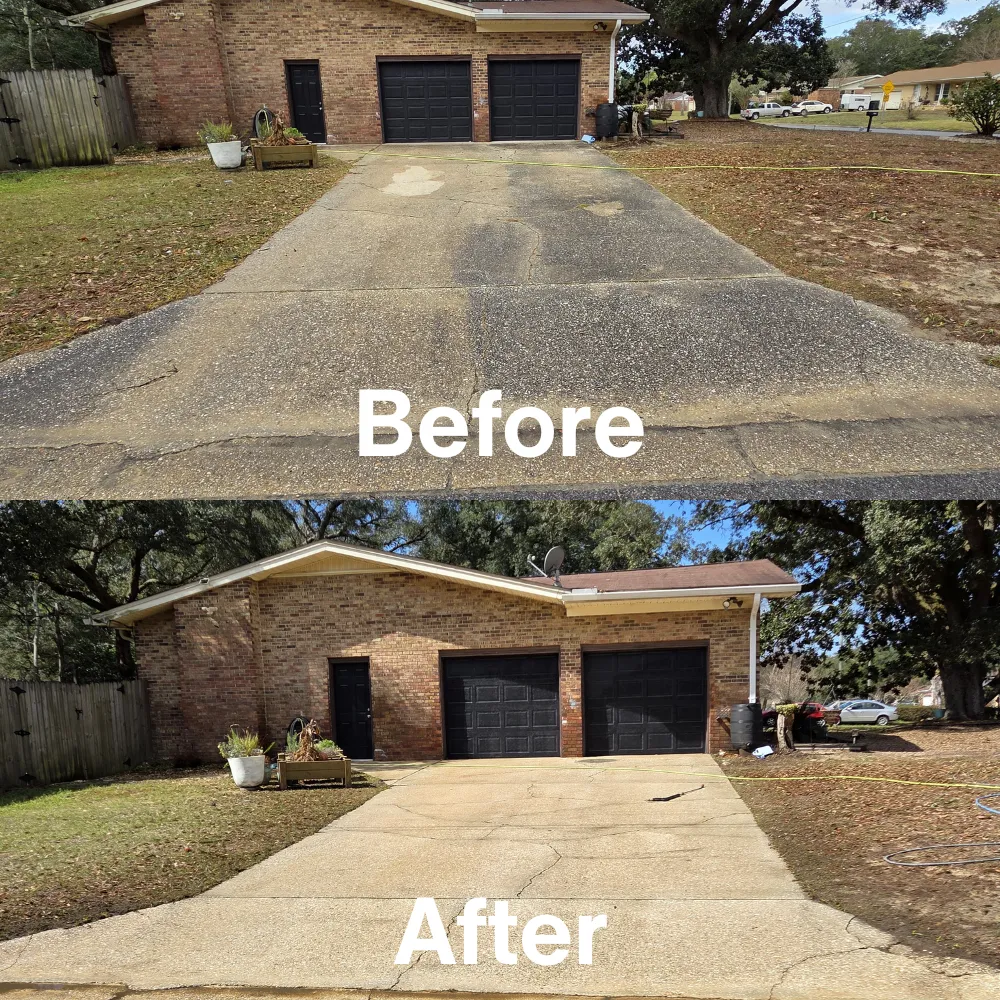 Before and after photo of a concrete driveway pressure washed in Pensacola, FL