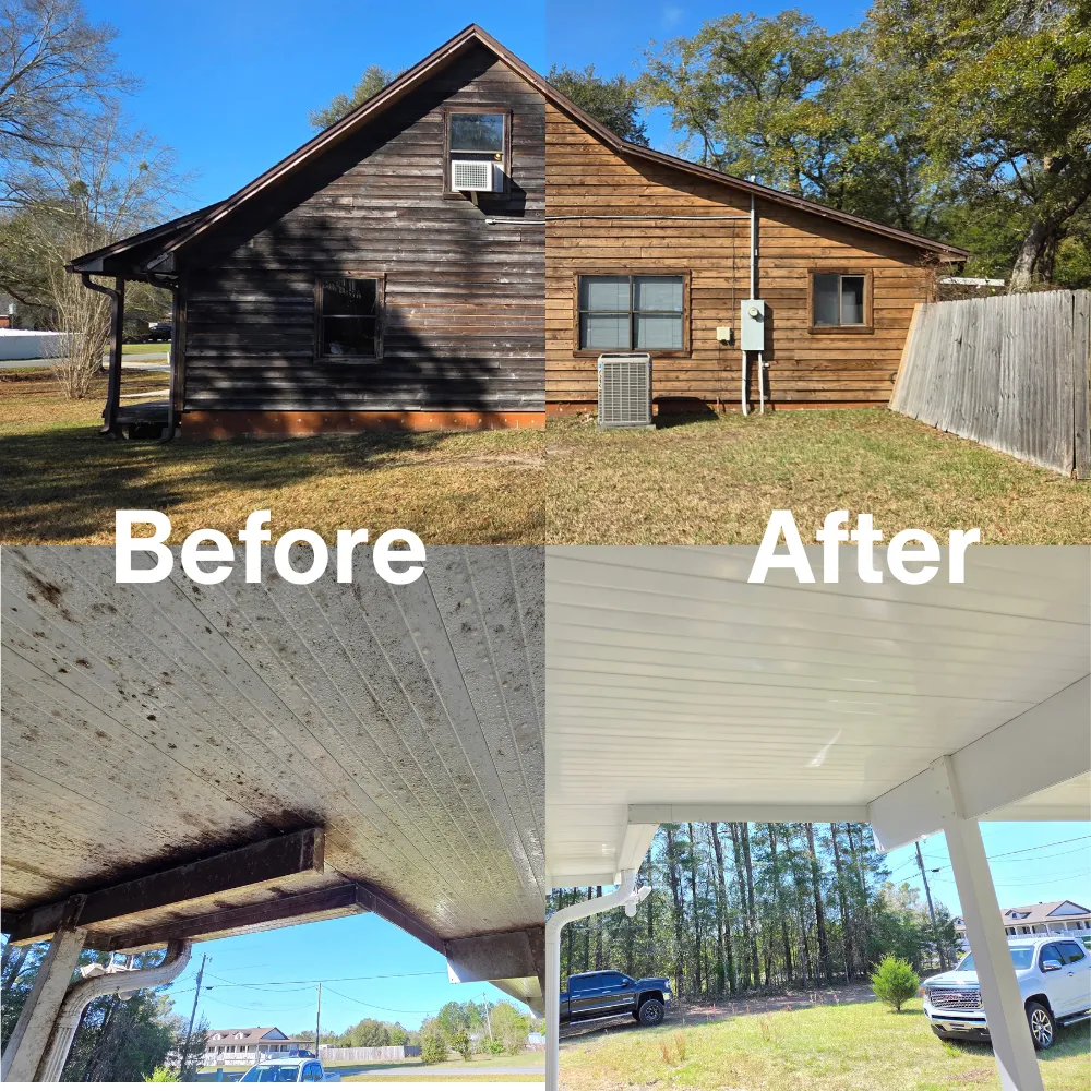 Before and after soft wash of wood siding and soffit on a home in Pensacola, FL