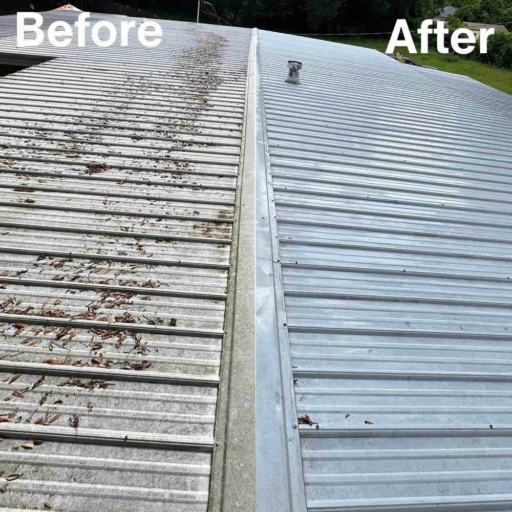 Before and after cleaning of a metal roof and gutter line in Escambia County, FL